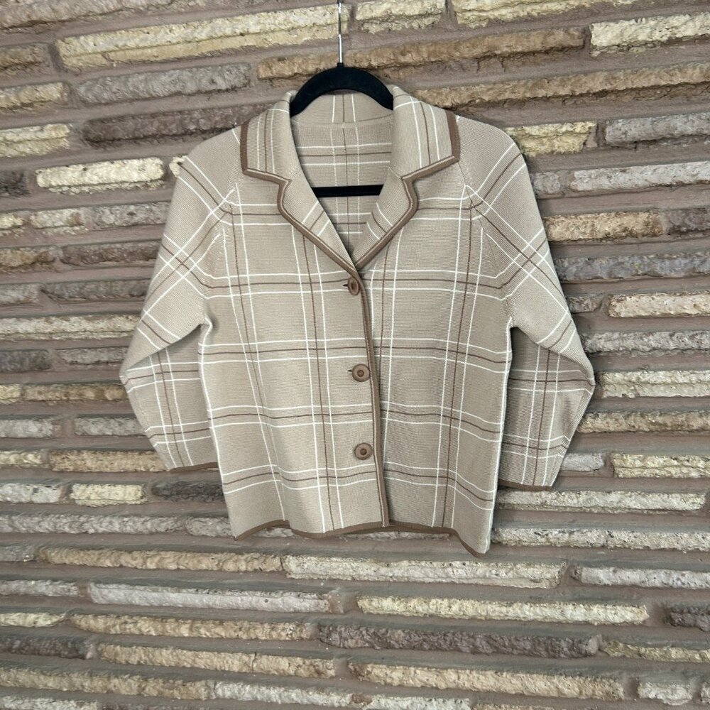 Vintage 50s Tan Cardigan Sweater Boxy Wool Double Knit Windowpane Plaid Size 10 - Picture 5 of 7
